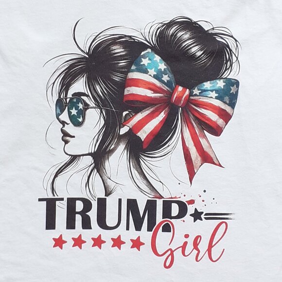 Trump Girl - Messy Bun - Red White and Blue - New Women's Medium White T-Shirt - Picture 2 of 4